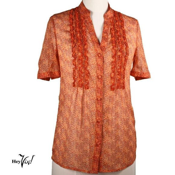 Banana Republic Ruffle Button Up Sheer Blouse Shirt Pink Floral Size XS -Hey Viv - Picture 1 of 5